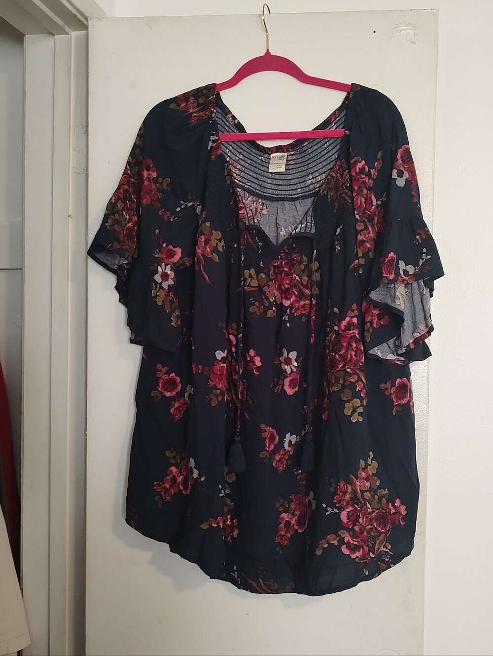 Terra & Sky Navy Blue Square Neckline Short Ruffle Sleeve Blouse